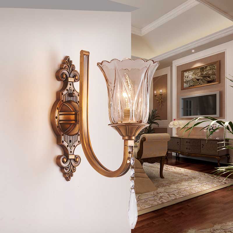 Vintage Cognac Glass Flower Wall Light With Brass Sconce Crystal Drop - 1/2 Heads