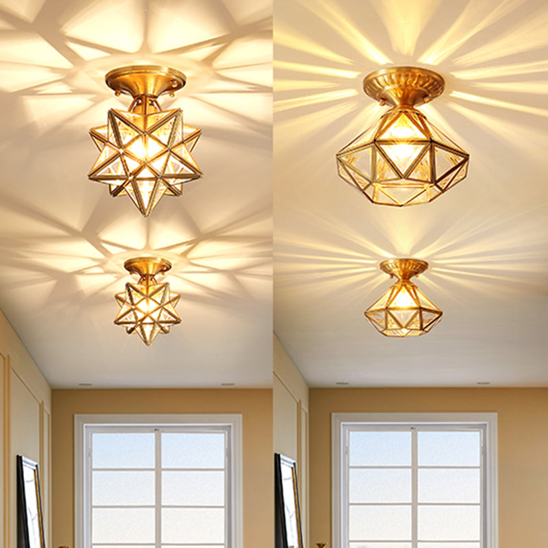 European Style Flush - Mount Ceiling Light: Full Brass Glass Shade 1 Light Polyhedron Design