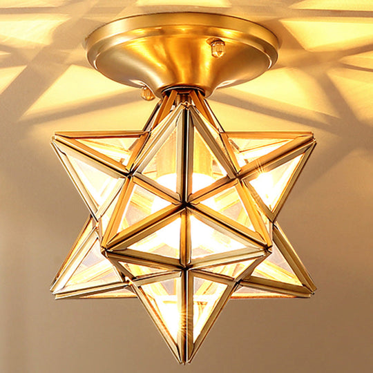 European Style Flush - Mount Ceiling Light: Full Brass Glass Shade 1 Light Polyhedron Design