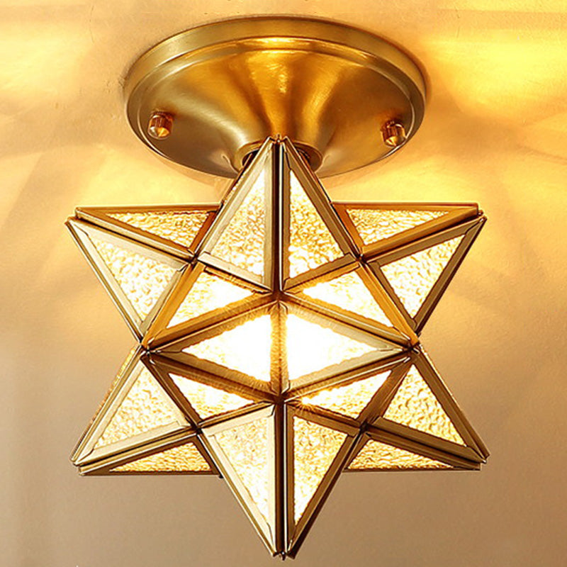 European Style Flush - Mount Ceiling Light: Full Brass Glass Shade 1 Light Polyhedron Design