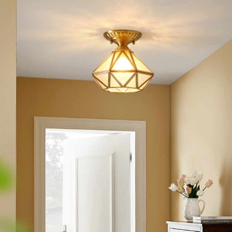 European Style Flush - Mount Ceiling Light: Full Brass Glass Shade 1 Light Polyhedron Design