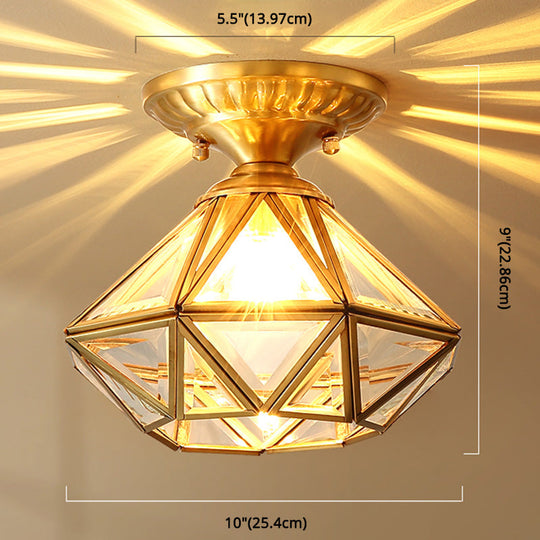 European Style Flush - Mount Ceiling Light: Full Brass Glass Shade 1 Light Polyhedron Design