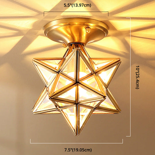 European Style Flush - Mount Ceiling Light: Full Brass Glass Shade 1 Light Polyhedron Design