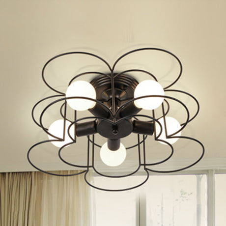 Industrial Style Ceiling Light: 5-Bulb Flush Mount Fixture With Iron Frame Lampshade - Dining Room