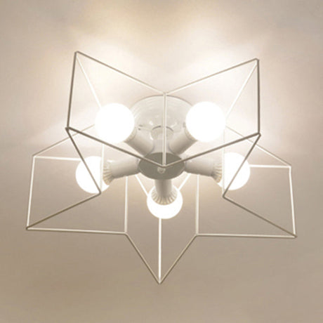 Industrial Style Ceiling Light: 5-Bulb Flush Mount Fixture With Iron Frame Lampshade - Dining Room