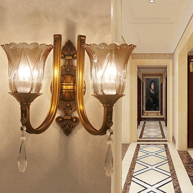 Vintage Cognac Glass Flower Wall Light With Brass Sconce Crystal Drop - 1/2 Heads 2 /