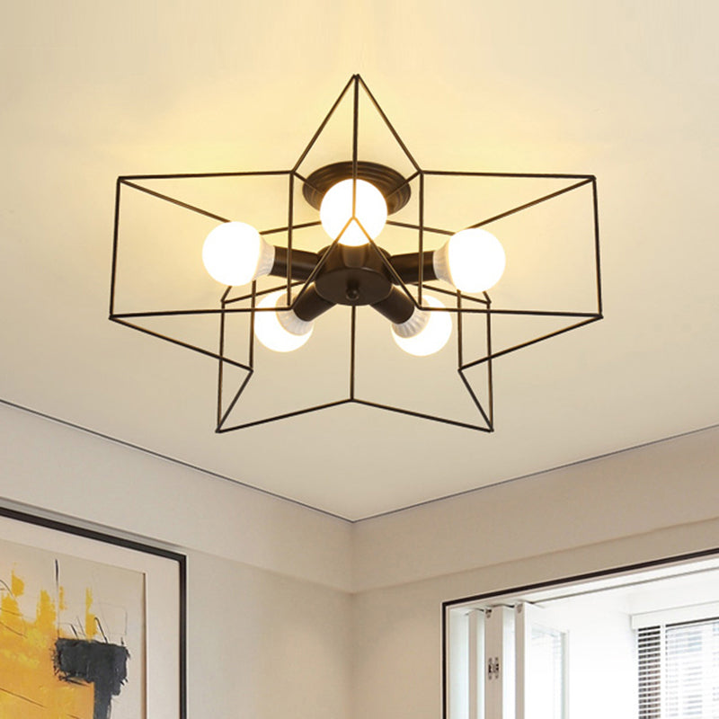 Industrial Style Ceiling Light: 5 - Bulb Flush Mount Fixture With Iron Frame Lampshade - Dining