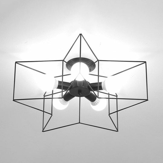 Industrial Style Ceiling Light: 5 - Bulb Flush Mount Fixture With Iron Frame Lampshade - Dining