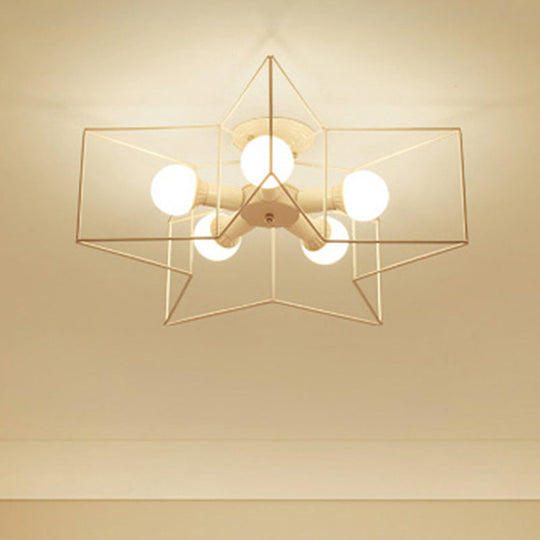 Industrial Style Ceiling Light: 5 - Bulb Flush Mount Fixture With Iron Frame Lampshade - Dining