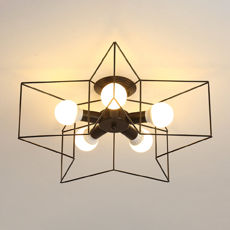 Industrial Style Ceiling Light: 5 - Bulb Flush Mount Fixture With Iron Frame Lampshade - Dining
