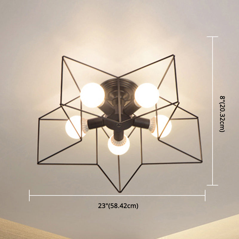 Industrial Style Ceiling Light: 5 - Bulb Flush Mount Fixture With Iron Frame Lampshade - Dining