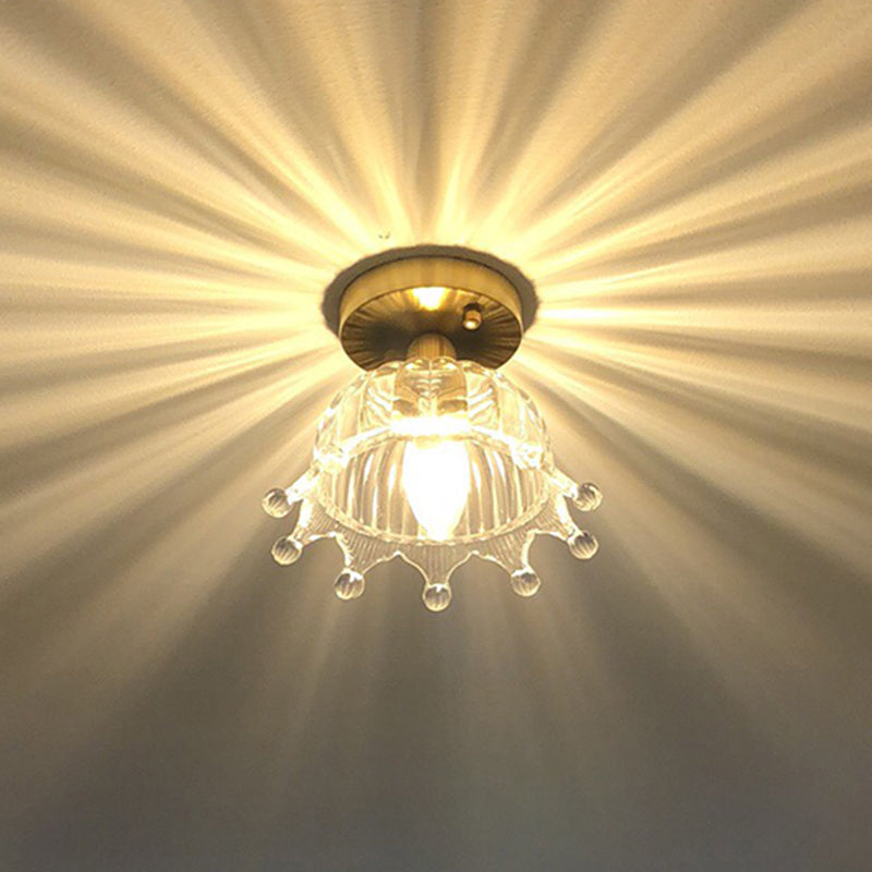 Brass Crown 1 Light Ceiling With Clear Stripes Glass Shade - Contemporary Aisle Lighting Fixture
