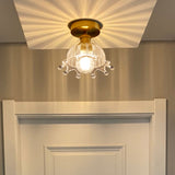 Brass Crown 1 Light Ceiling With Clear Stripes Glass Shade - Contemporary Aisle Lighting Fixture