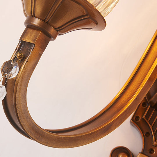 Vintage Cognac Glass Flower Wall Light With Brass Sconce Crystal Drop - 1/2 Heads