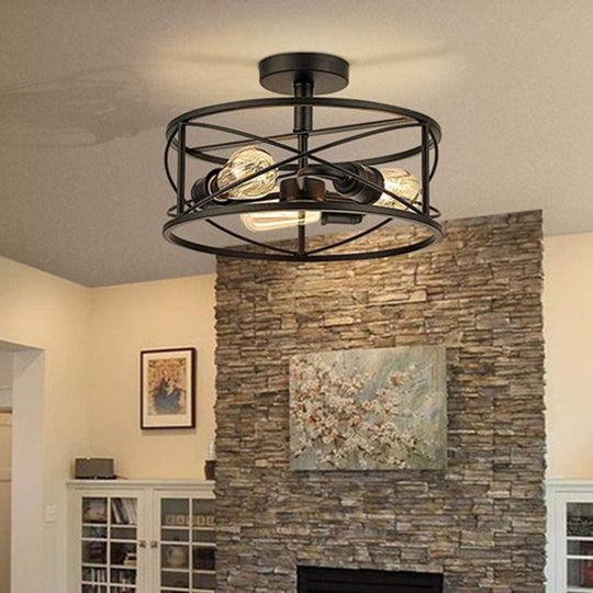 Retro Industrial Wrought Iron Ceiling Light With Black Frame / Drum