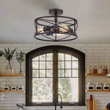 Retro Industrial Wrought Iron Ceiling Light With Black Frame