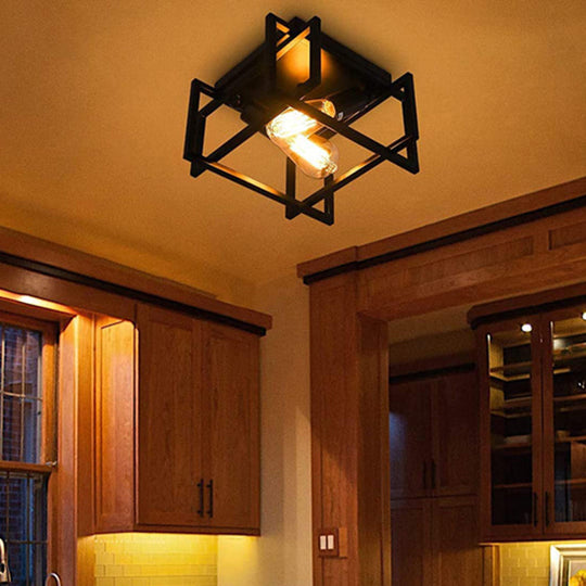 Retro Industrial Wrought Iron Ceiling Light With Black Frame / Rectangle