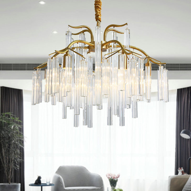 Postmodern Gold Curved Arm Chandelier With 7 Crystal Rod Heads - Tri-Sided Hanging Light Fixture