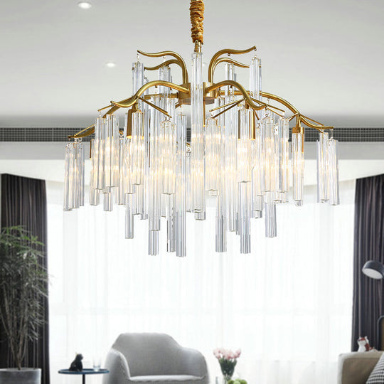 Postmodern Gold Curved Arm Chandelier With 7 Crystal Rod Heads - Tri-Sided Hanging Light Fixture