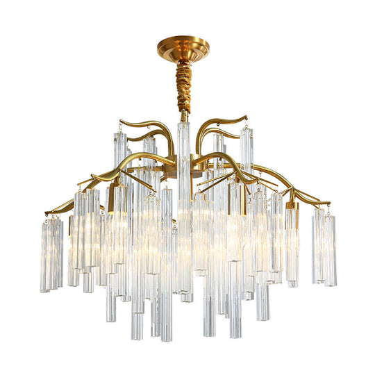 Postmodern Gold Curved Arm Chandelier With 7 Crystal Rod Heads - Tri-Sided Hanging Light Fixture