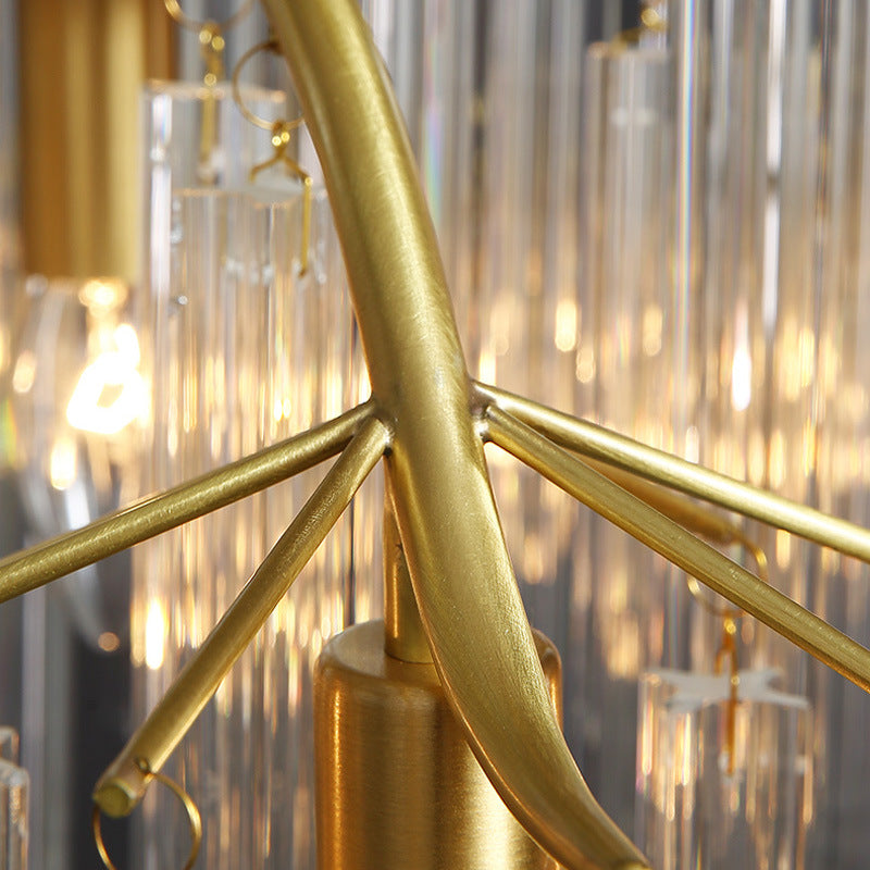 Postmodern Gold Curved Arm Chandelier With 7 Crystal Rod Heads - Tri-Sided Hanging Light Fixture