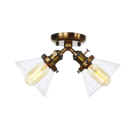 Vintage Style Semi Flush Mount Restaurant Ceiling Light With Conic Amber/Clear Glass Shade - 2 Heads