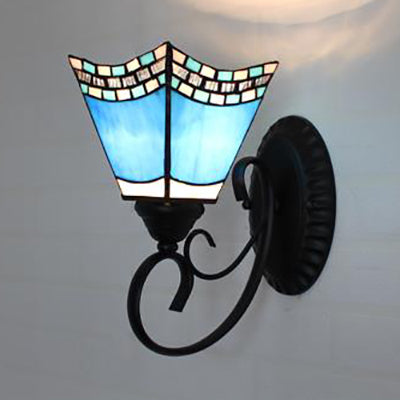 Scalloped Tiffany Stained Glass Wall Lamp - Multicolored Sky Blue/Beige/Blue-White 1 Head Fixture