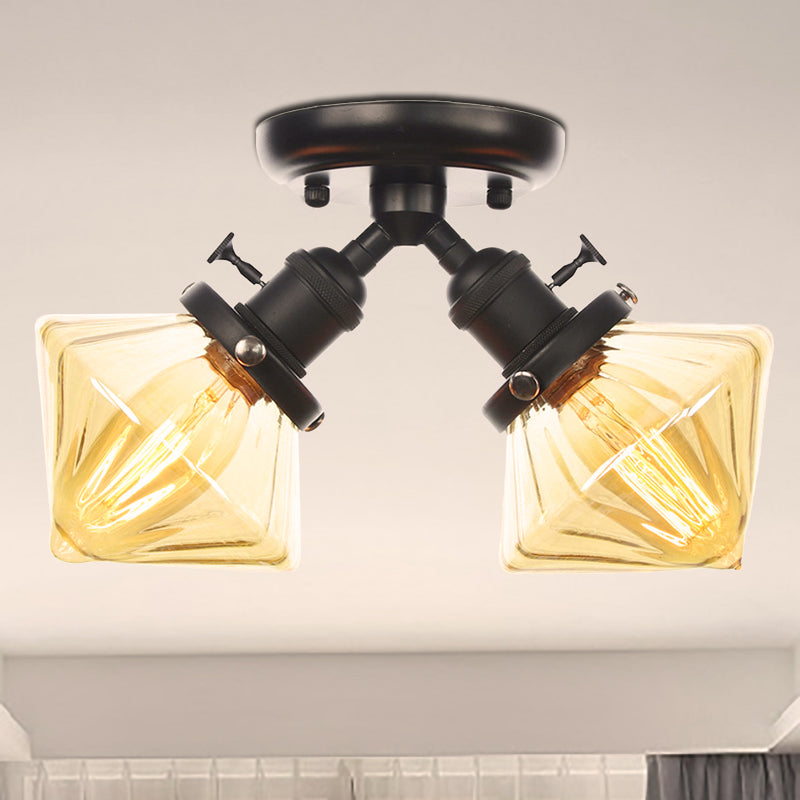 Diamond Amber/Clear Glass Semi Mount Farmhouse Light Fixture - 2 - Light Flush Black/Bronze Design