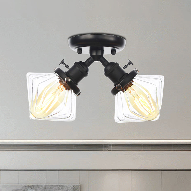 Diamond Amber/Clear Glass Semi Mount Farmhouse Light Fixture - 2 - Light Flush Black/Bronze Design
