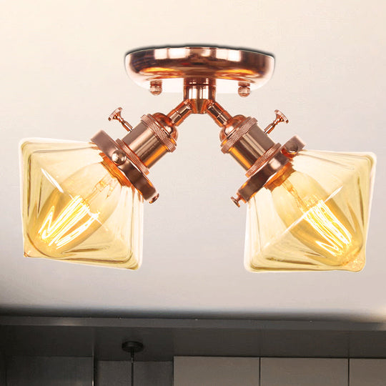 Diamond Amber/Clear Glass Semi Mount Farmhouse Light Fixture - 2 - Light Flush Black/Bronze Design