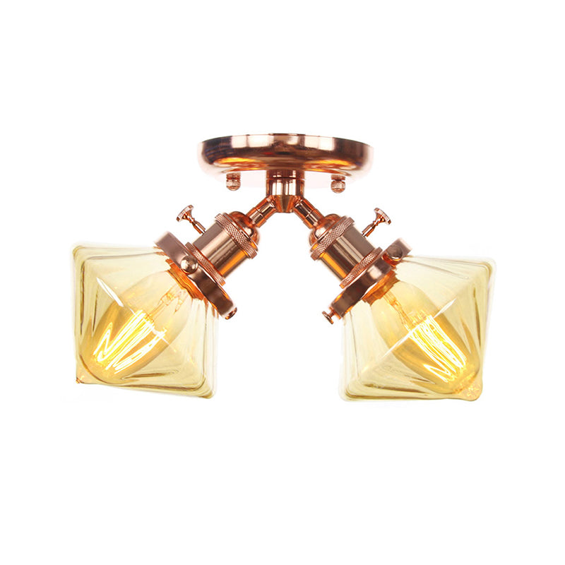 Diamond Amber/Clear Glass Semi Mount Farmhouse Light Fixture - 2 - Light Flush Black/Bronze Design