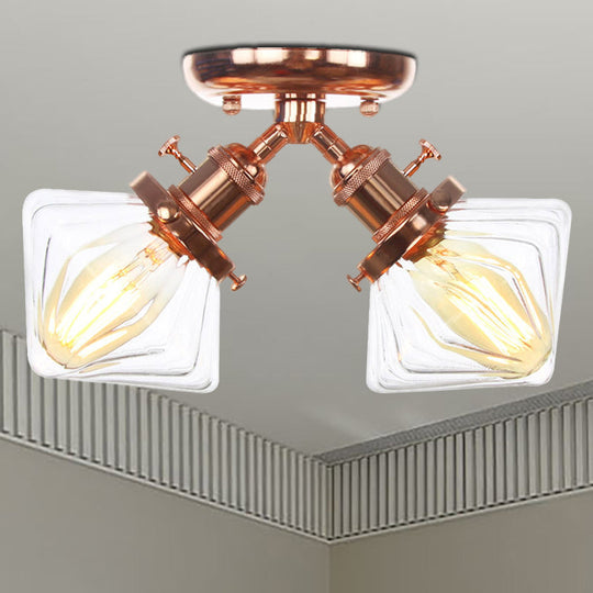Diamond Amber/Clear Glass Semi Mount Farmhouse Light Fixture - 2 - Light Flush Black/Bronze Design