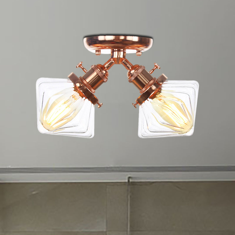 Diamond Amber/Clear Glass Semi Mount Farmhouse Light Fixture - 2 - Light Flush Black/Bronze Design
