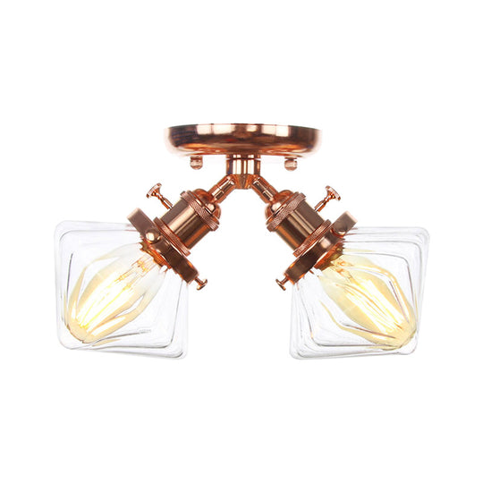 Diamond Amber/Clear Glass Semi Mount Farmhouse Light Fixture - 2 - Light Flush Black/Bronze Design