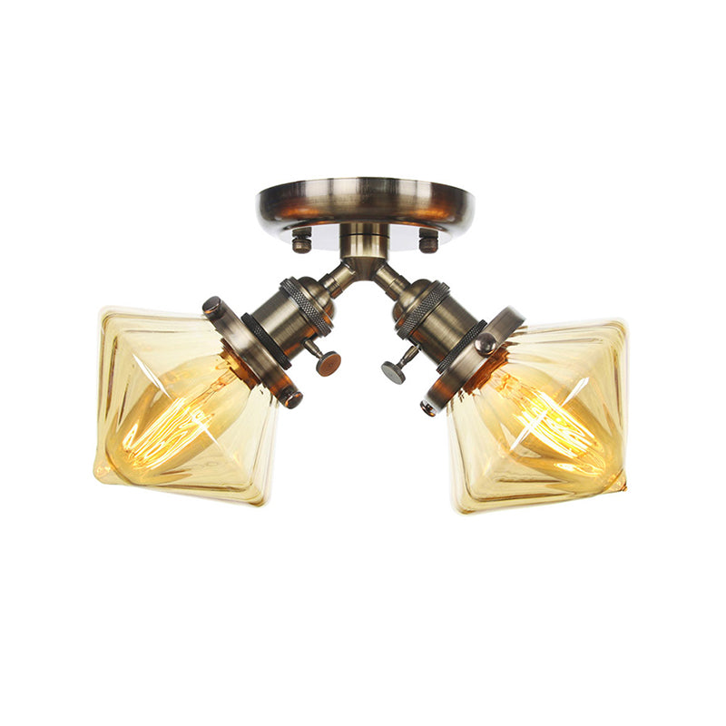 Diamond Amber/Clear Glass Semi Mount Farmhouse Light Fixture - 2 - Light Flush Black/Bronze Design