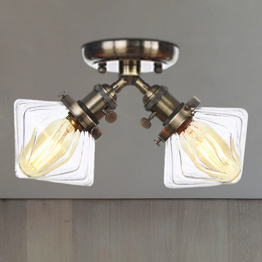 Diamond Amber/Clear Glass Semi Mount Farmhouse Light Fixture - 2 - Light Flush Black/Bronze Design