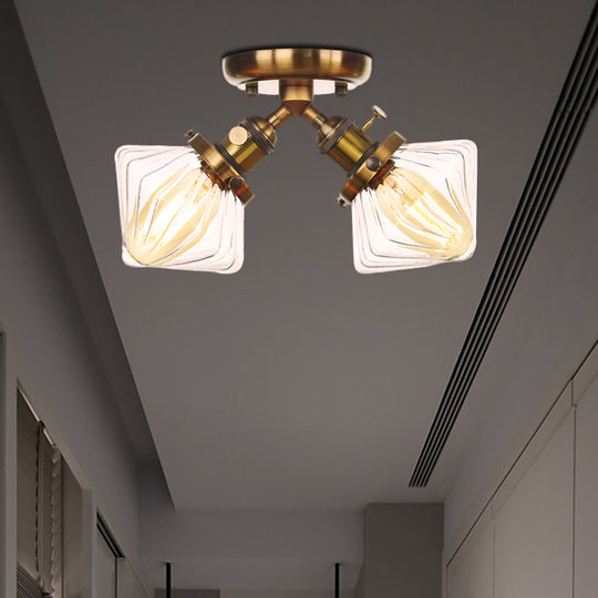 Diamond Amber/Clear Glass Semi Mount Farmhouse Light Fixture - 2 - Light Flush Black/Bronze Design