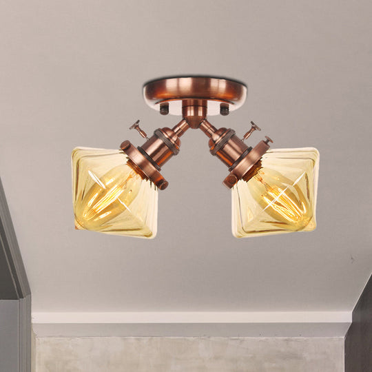 Diamond Amber/Clear Glass Semi Mount Farmhouse Light Fixture - 2 - Light Flush Black/Bronze Design