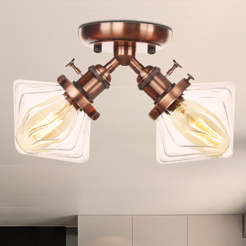 Diamond Amber/Clear Glass Semi Mount Farmhouse Light Fixture - 2 - Light Flush Black/Bronze Design