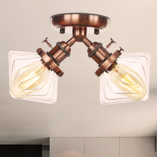 Diamond Amber/Clear Glass Semi Mount Farmhouse Light Fixture - 2 - Light Flush Black/Bronze Design