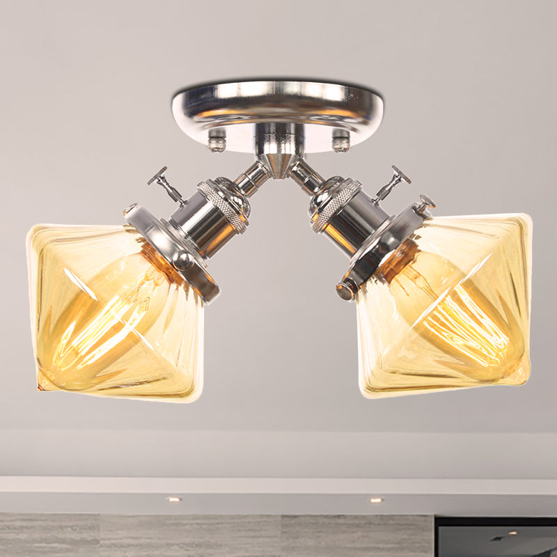 Diamond Amber/Clear Glass Semi Mount Farmhouse Light Fixture - 2 - Light Flush Black/Bronze Design