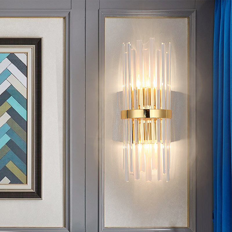 Modern Tri-Sided Crystal Rod Wall Light Fixture - Gold Sconce With Cylinder Design Dual Head