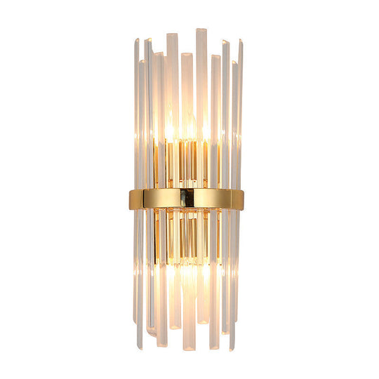 Modern Tri-Sided Crystal Rod Wall Light Fixture - Gold Sconce With Cylinder Design Dual Head