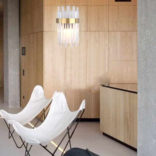 Postmodern Black/Gold Sconce Light Fixture With Crystal Rod Shade - 2 Heads Bedroom Wall