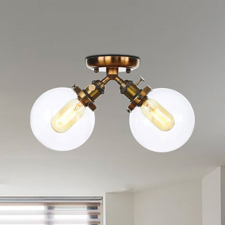 Farmhouse Style Semi Flush Ceiling Lamp - Metal And Glass With Dual Heads In Black/Bronze
