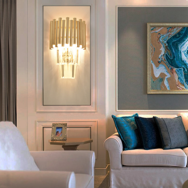 Modern Crystal Block Gold Sconce Light With 4 Tiered Wall-Mounted Heads For Bedroom