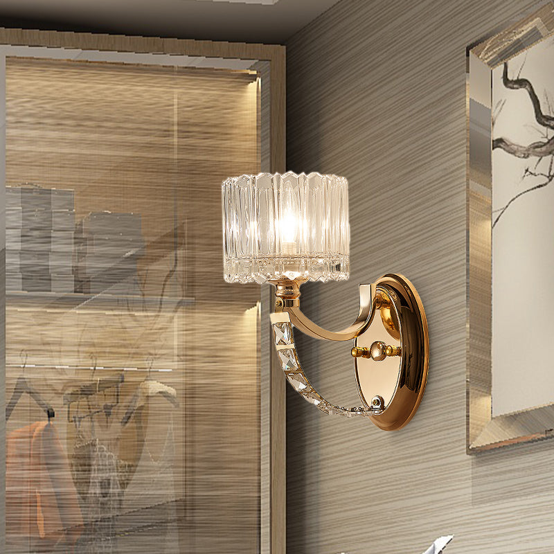 Modern Brass Sconce Light: 1 Head Bedroom Wall Fixture With Clear Glass Shade