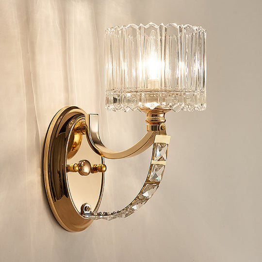 Modern Brass Sconce Light: 1 Head Bedroom Wall Fixture With Clear Glass Shade