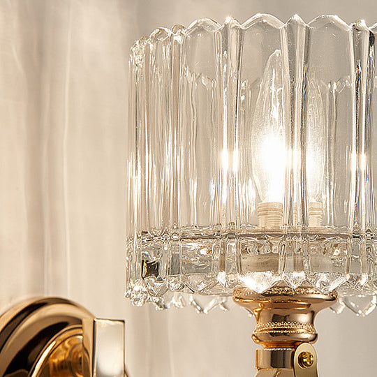 Modern Brass Sconce Light: 1 Head Bedroom Wall Fixture With Clear Glass Shade