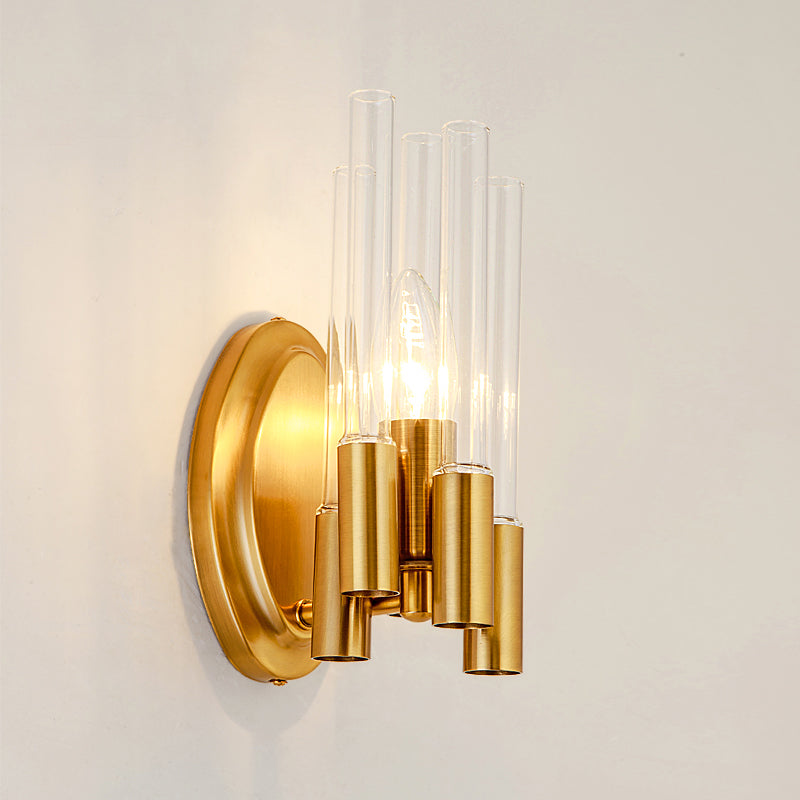 Nordic Gold Tube Wall Mount Sconce Light Fixture - 1 Head Clear Glass Ideal For Living Room